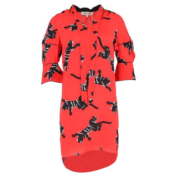 Diane Von Furstenberg Cat Bow Printed Mini Dress in red Silk